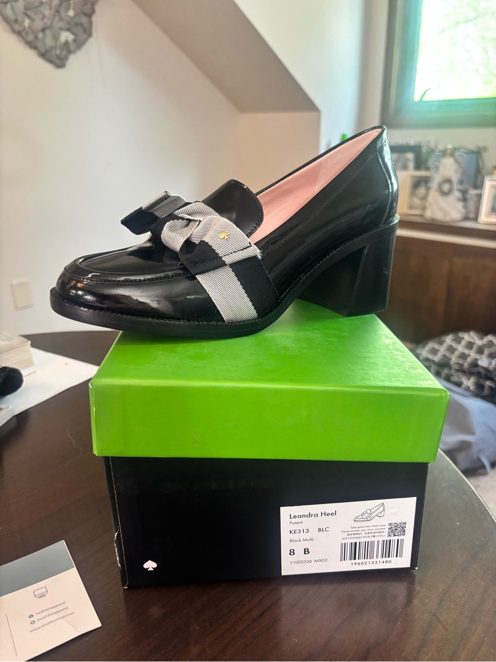 kate spade Black Patent Leandra Block Heel Loafer with Ribbon NIB